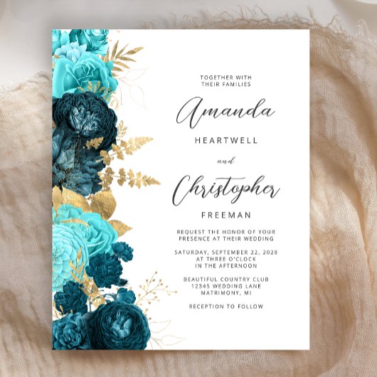 Budget Blauwgroen Aqua Floral Gold Script Bruiloft