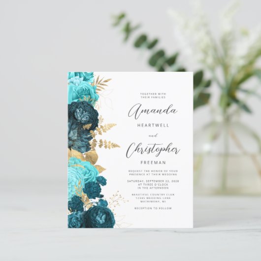Budget Blauwgroen Aqua Floral Gold Script Bruiloft (Staand voorkant)