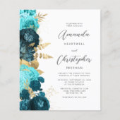 Budget Blauwgroen Aqua Floral Gold Script Bruiloft (Voorkant)