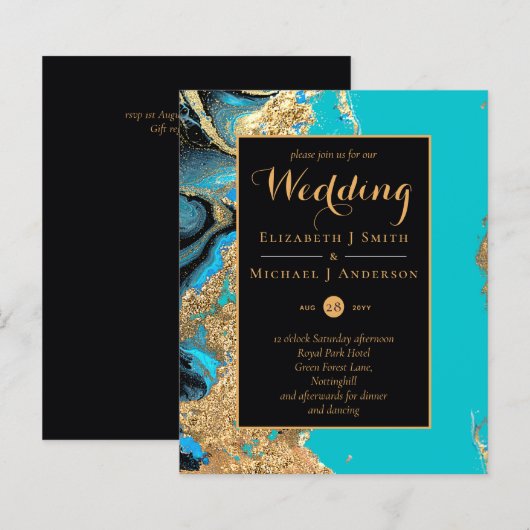 BUDGET Blauwgroen Aqua Gold Agate Wedding Invite (Voorkant / Achterkant)