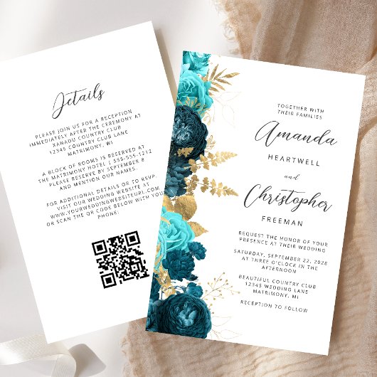 Budget Blauwgroen Aqua Gold Floral QR Code Huwelij