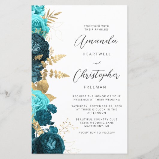 Budget Blauwgroen Aqua Gold Floral QR Code Huwelij (Voorkant)