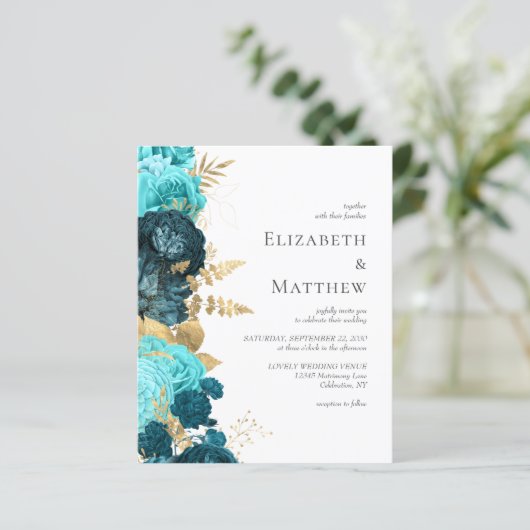 Budget Blauwgroen Blauw Goud Bloemen Bruiloft Uitn (Staand voorkant)