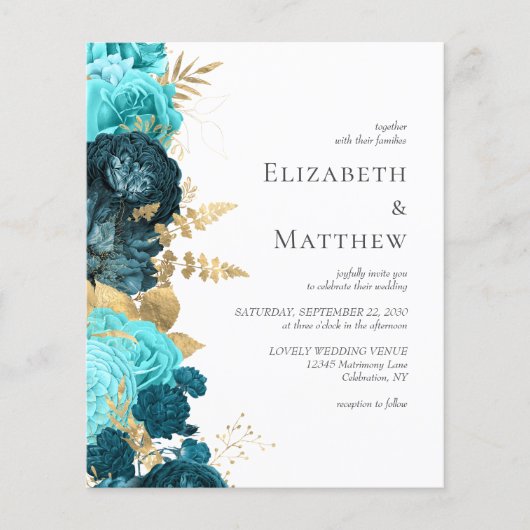 Budget Blauwgroen Blauw Goud Bloemen Bruiloft Uitn (Voorkant)