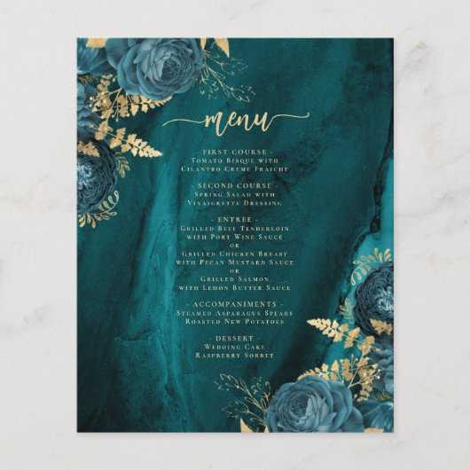 Budget Blauwgroen Blauw Goud Bloemen Trouwmenu (Voorkant)