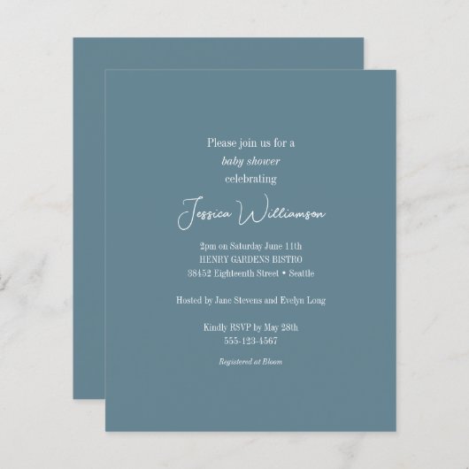 Budget Blauwgroen Blauw Minimalistisch Baby shower (Voorkant / Achterkant)