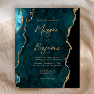 Budget Blauwgroen Blue Agate Script Wedding Invite
