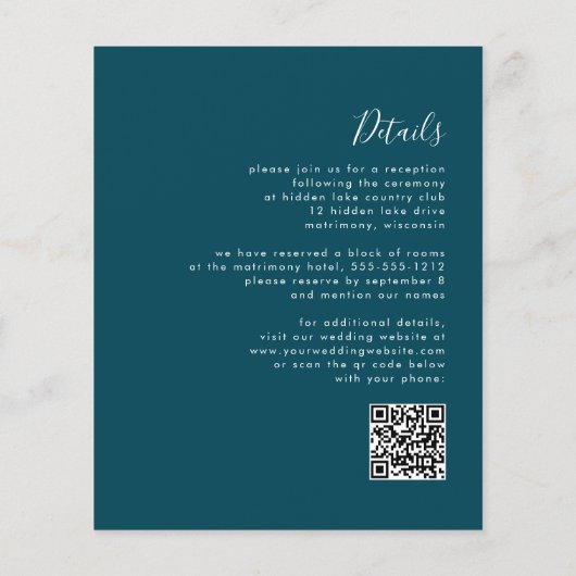 Budget Blauwgroen Blue Script QR Code Wedding Uitn (Achterkant)