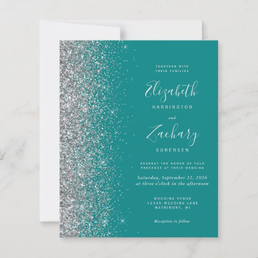 Budget Blauwgroen Blue Silver Glitter QR Code Wedd (Voorkant)