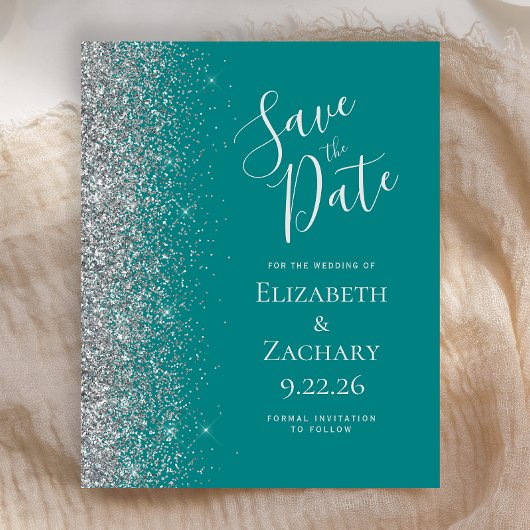Budget Blauwgroen Blue Silver Save the Date Kaart