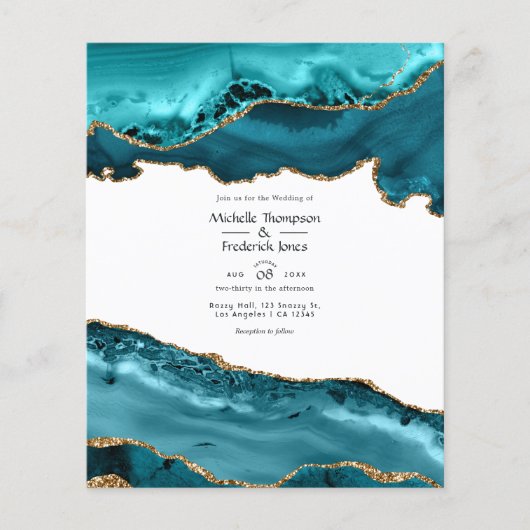 Budget Blauwgroen en Gold Agate Wedding Invitation Flyer (Voorkant)