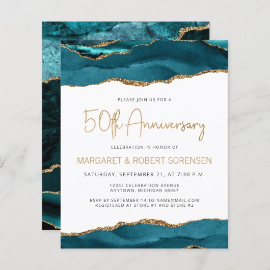 Budget Blauwgroen Gold Agate 50e Jubileum Uitnodig (Voorkant / Achterkant)