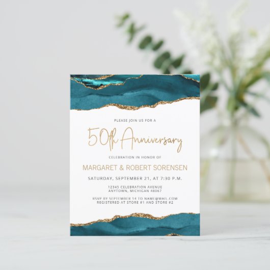Budget Blauwgroen Gold Agate 50e Jubileum Uitnodig (Staand voorkant)
