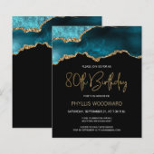 Budget Blauwgroen Gold Agate 80th Birthday Invitat (Voorkant / Achterkant)