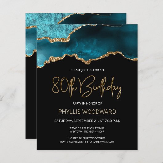 Budget Blauwgroen Gold Agate 80th Birthday Invitat (Voorkant / Achterkant)