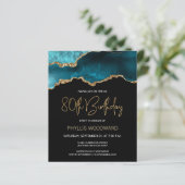 Budget Blauwgroen Gold Agate 80th Birthday Invitat (Staand voorkant)