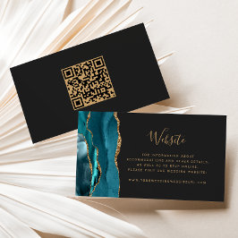 Budget Blauwgroen Gold Agate Dark Wedding QR-code Informatiekaartje