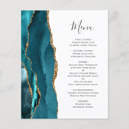 Budget Blauwgroen Gold Agate Wedding Menu (Voorkant)