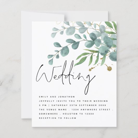 BUDGET Blauwgroen Gold Eucalyptus Script Weddensch (Voorkant)