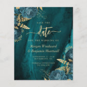 Budget Blauwgroen Gold Floral Wedding Save the Dat (Voorkant)