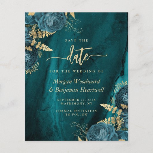 Budget Blauwgroen Gold Floral Wedding Save the Dat (Voorkant)