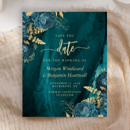 Budget Blauwgroen Gold Floral Wedding Save the Dat