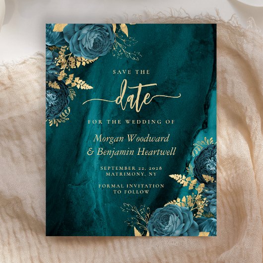Budget Blauwgroen Gold Floral Wedding Save the Dat