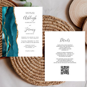 Budget Blauwgroen Gold QR Code Weduwen Uitnodiging