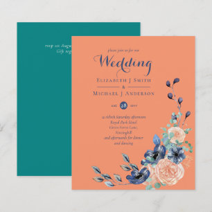BUDGET Blauwgroen marine Koral Floral Wedding Invi