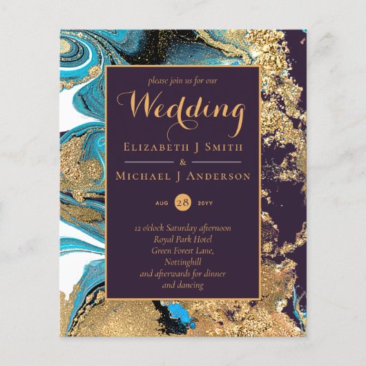 BUDGET Blauwgroen Paars goudhageweddenschap uitnod (Voorkant)