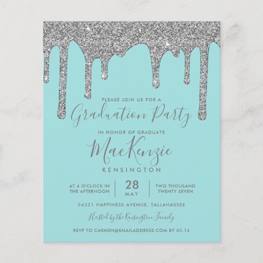 BUDGET Blauwgroen Silver Glitter Drift Graduparty (Voorkant)