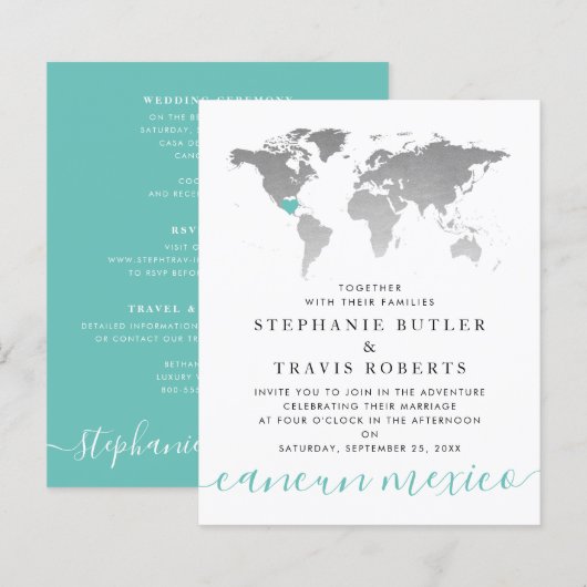 Budget Blauwgroen Silver Map Destination Wedding I (Voorkant / Achterkant)