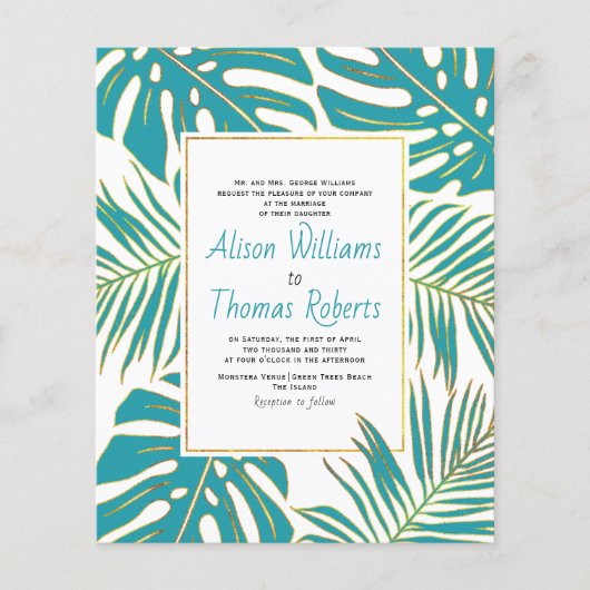 BUDGET blauwgroen tropische bladeren bruiloft uitn (Voorkant)