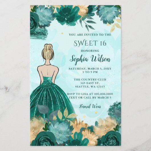 Budget Blauwgroen Turquoise Gold Princess Sweet 16 (Voorkant)