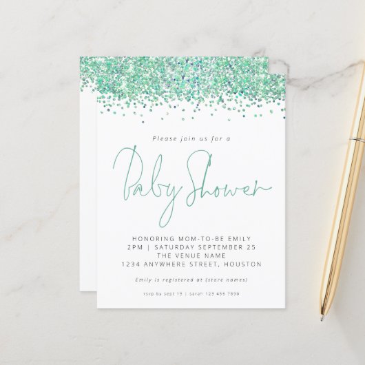 Budget Blauwgroen Uitnodiging Baby shower Glitter (Voorkant / Achterkant in situ)