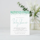 Budget Blauwgroen Uitnodiging Baby shower Glitter (Staand voorkant)