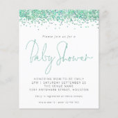 Budget Blauwgroen Uitnodiging Baby shower Glitter (Voorkant)