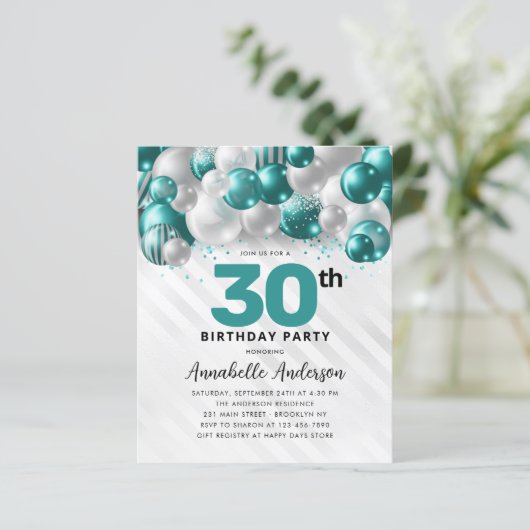 Budget Blauwgroen Zilveren Ballon Glitter 30e Verj (Staand voorkant)