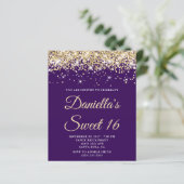 Budget Bleek Gold Glitter Paars Sweet 16 Uitnodigi (Staand voorkant)