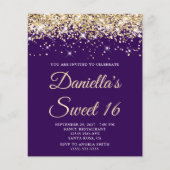 Budget Bleek Gold Glitter Paars Sweet 16 Uitnodigi (Voorkant)