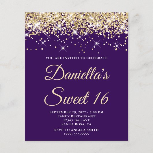 Budget Bleek Gold Glitter Paars Sweet 16 Uitnodigi (Voorkant)