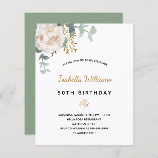 BUDGET Bloeddag florale eucalyptusuitnodiging (Voorkant / Achterkant)