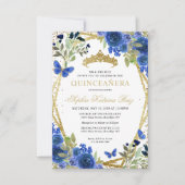 Budget bloem blauw gouden tiara Quinceañera uitnod Notitiekaartje (Voorkant)