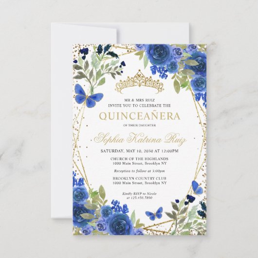 Budget bloem blauw gouden tiara Quinceañera uitnod Notitiekaartje (Voorkant)