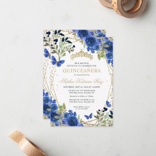 Budget bloem blauw gouden tiara Quinceañera uitnod Notitiekaartje (Voorkant / Achterkant in situ)