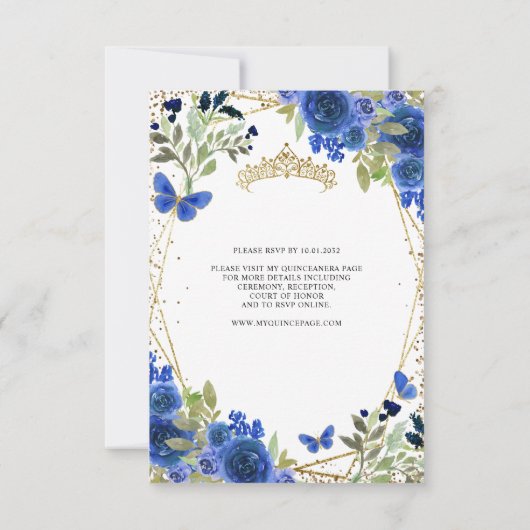 Budget bloem blauw gouden tiara Quinceañera uitnod Notitiekaartje (Achterkant)