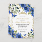 Budget bloem blauw gouden tiara Quinceañera uitnod Notitiekaartje (Voorkant / Achterkant)
