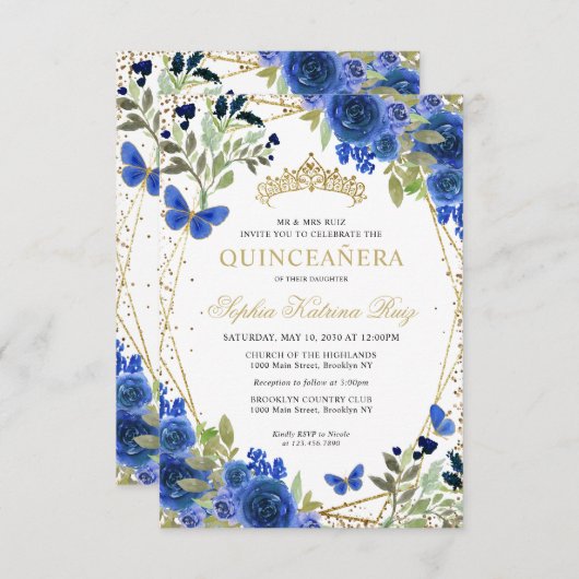 Budget bloem blauw gouden tiara Quinceañera uitnod Notitiekaartje (Voorkant / Achterkant)