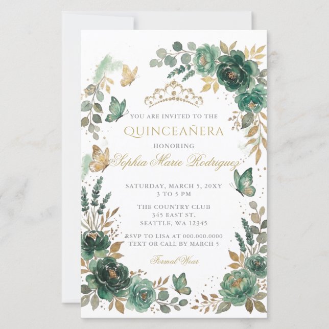 Budget Bloem Butterfly Smaragd Goud Quinceañera (Voorkant)