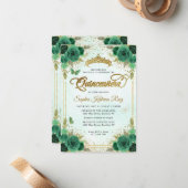 Budget Bloem Emerald Groen Glam Goud Quinceañera Notitiekaartje (Voorkant / Achterkant in situ)